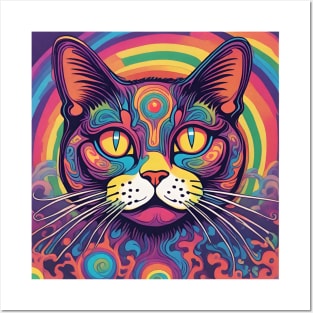 Groovy 70s rainbow colors psychedelic cat Posters and Art